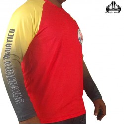 6001 CAMISA MANGA LONGA PROTEÇÃO UV 50+ VERMELHA COM DETALHES AMARELOS E PRETOS NAS MANGAS 